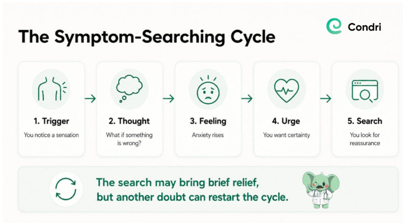 Condri infographic showing how physical sensations can lead to anxious thoughts, urges and repeated symptom searching.