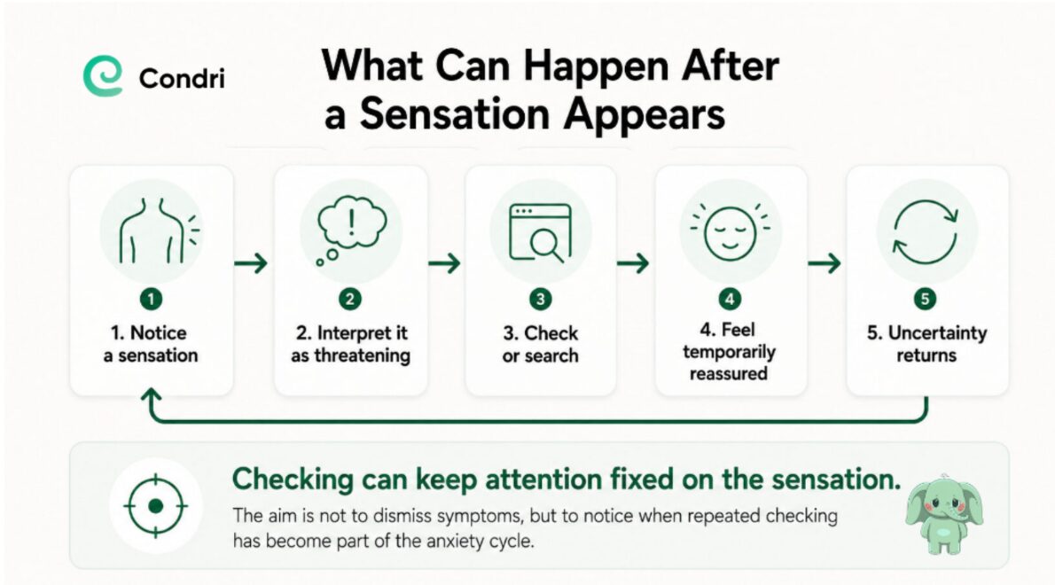ographic showing how noticing a sensation can lead to threatening thoughts, online checking, temporary reassurance and returning uncertainty.