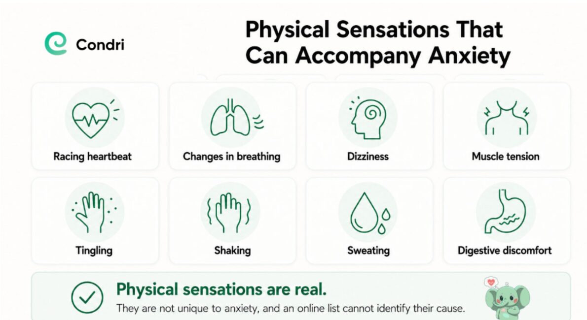 Infographic showing physical sensations that can accompany anxiety, including a racing heartbeat, breathing changes, dizziness, muscle tension, tingling, shaking, sweating and digestive discomfort.